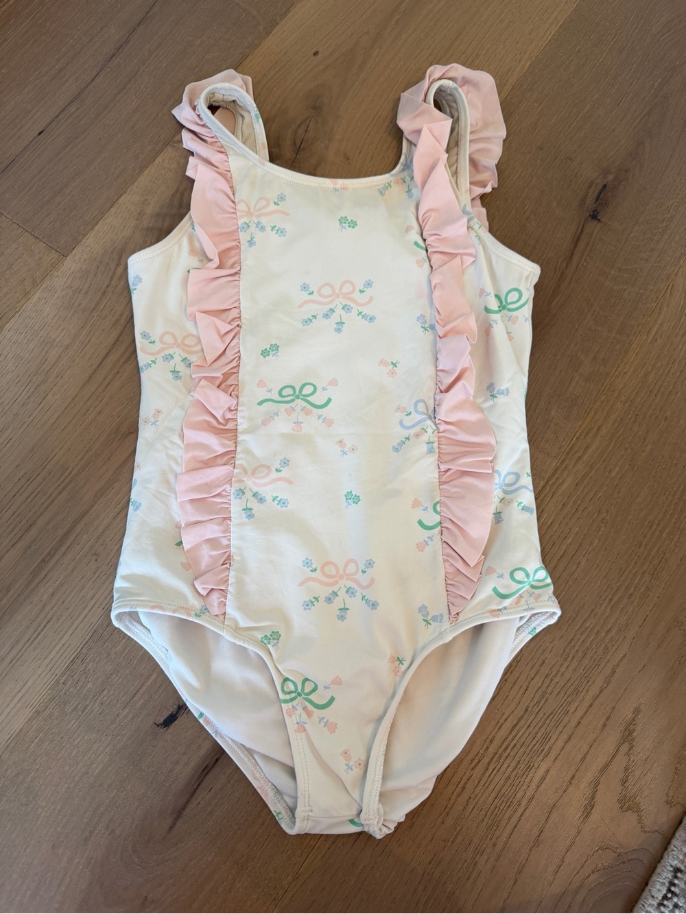 The Beaufort Bonnet Company Cream One-Piece Swimsuit with Pink Ruffles